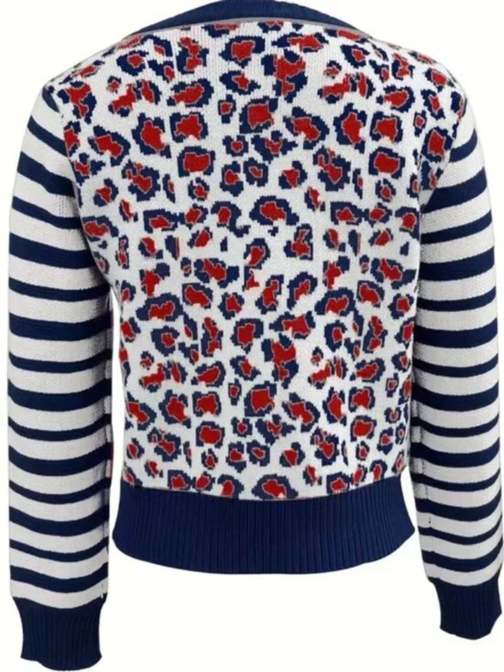 Leopard Print Striped Long-Sleeve Cardigan Sweater - Picture 5 of 5